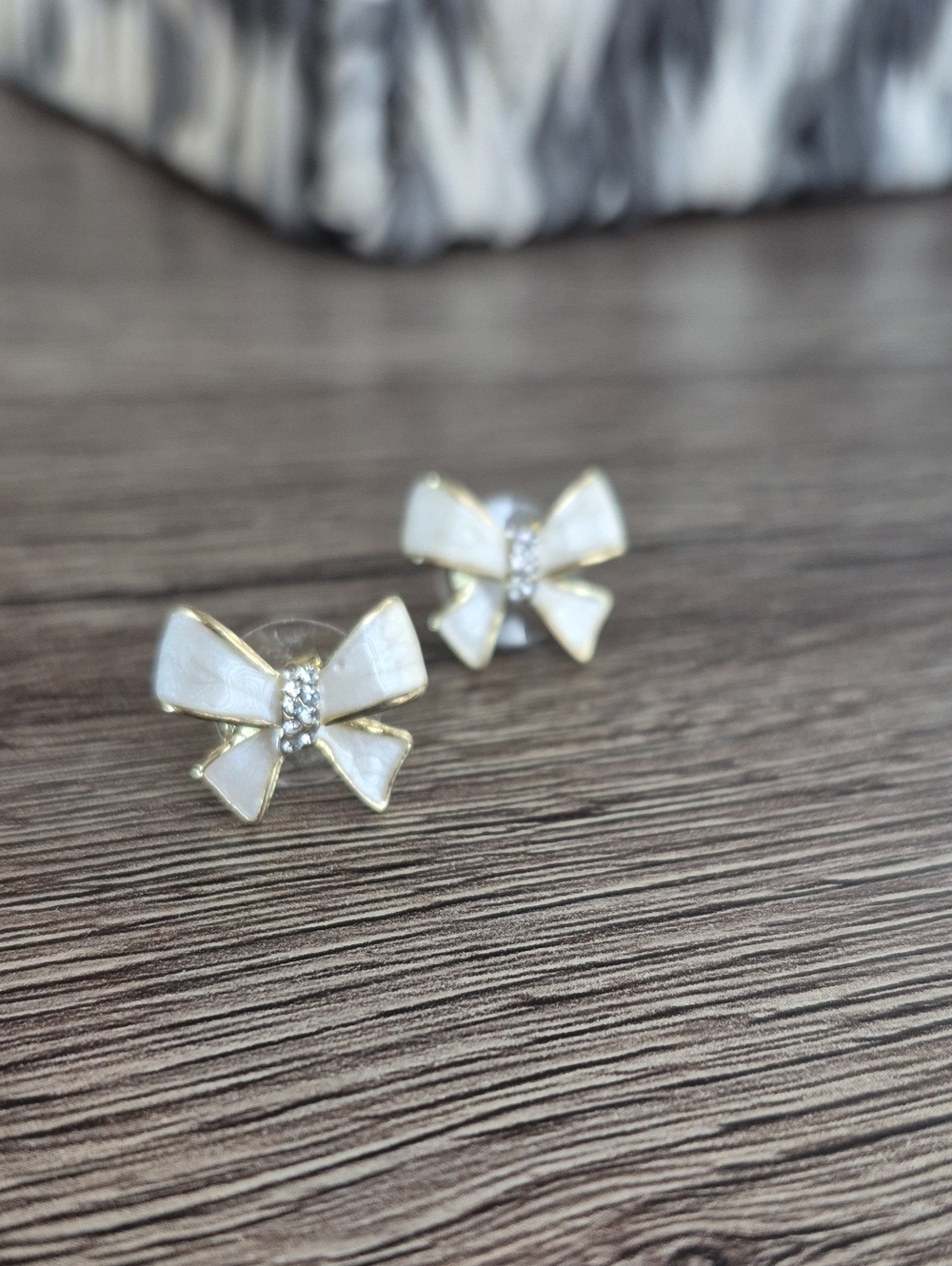 Gold & White Bow Stud Earrings with Crystal Accent